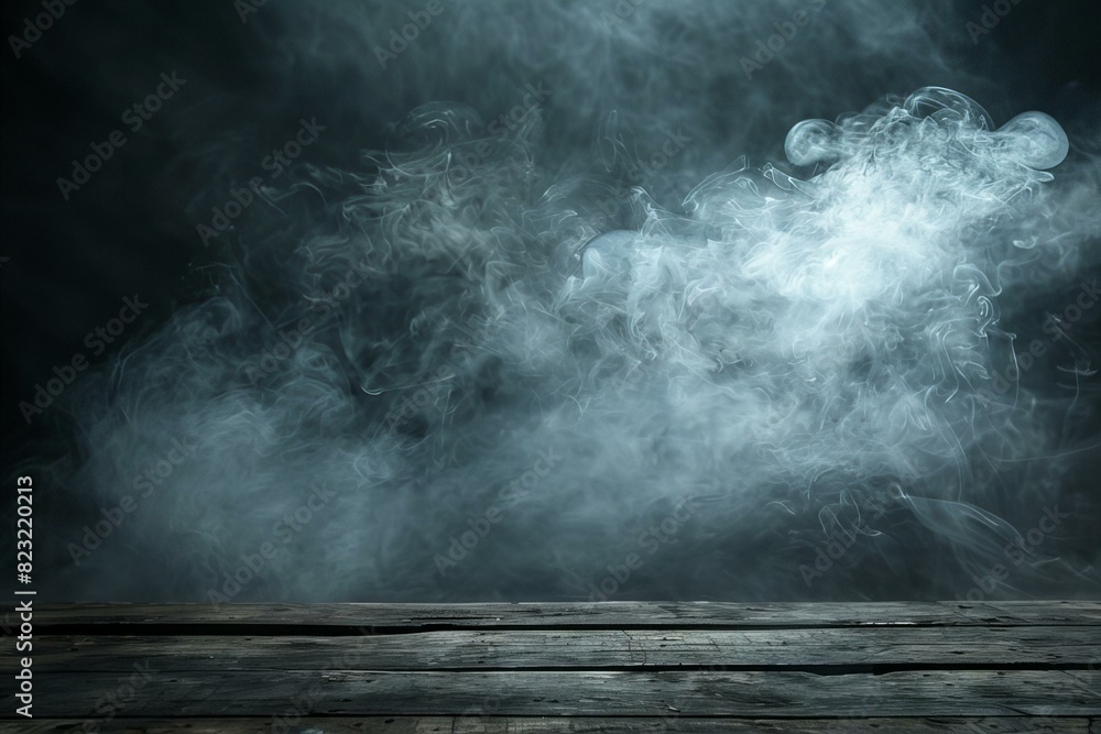 Smoke billowing from a wooden table in front of a dark background