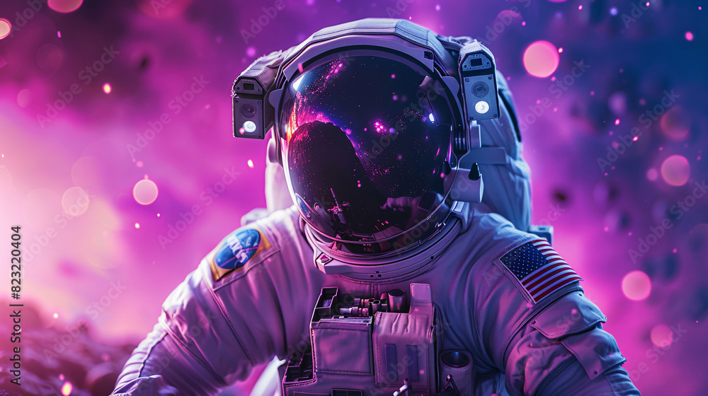 Heroic astronaut in a glowing purple suit, exploring a futuristic galaxy Heroic astronaut in a glowing purple suit, exploring a futuristic galaxy