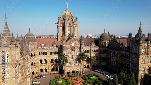 Victoria terminus train station in Mumbai, India, Aerial View. Chhatrapati Shivaji Maharaj Terminus railway station, UNESCO World Heritage Site