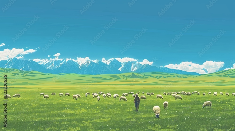 Fototapeta premium illustration of a farmer in a big green field with sheeps