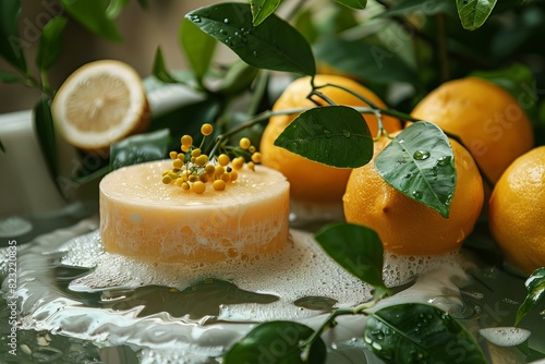 Piece of cake with lemons on plate photo