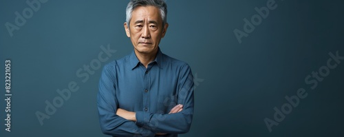 Indigo background sad Asian man. Portrait of older mid-aged person beautiful bad mood expression boy Isolated on Background depression anxiety fear burn out health photo