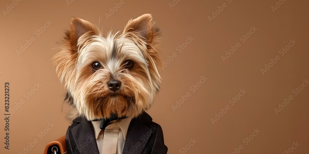 Yorkie in suit carrying briefcase. Concept Dog Fashion, Formal Attire, Canine Business, Yorkie Style