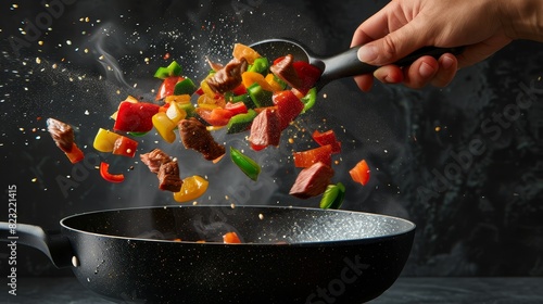 meat and vegetables fried in a wok