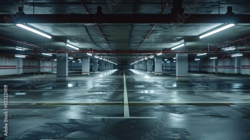 A vast, empty underground parking garage with marked spaces and subdued lighting, conveying a sense of urban solitude