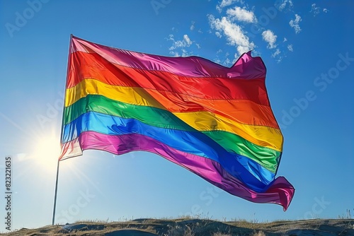 Rainbow flag waves under clear sky