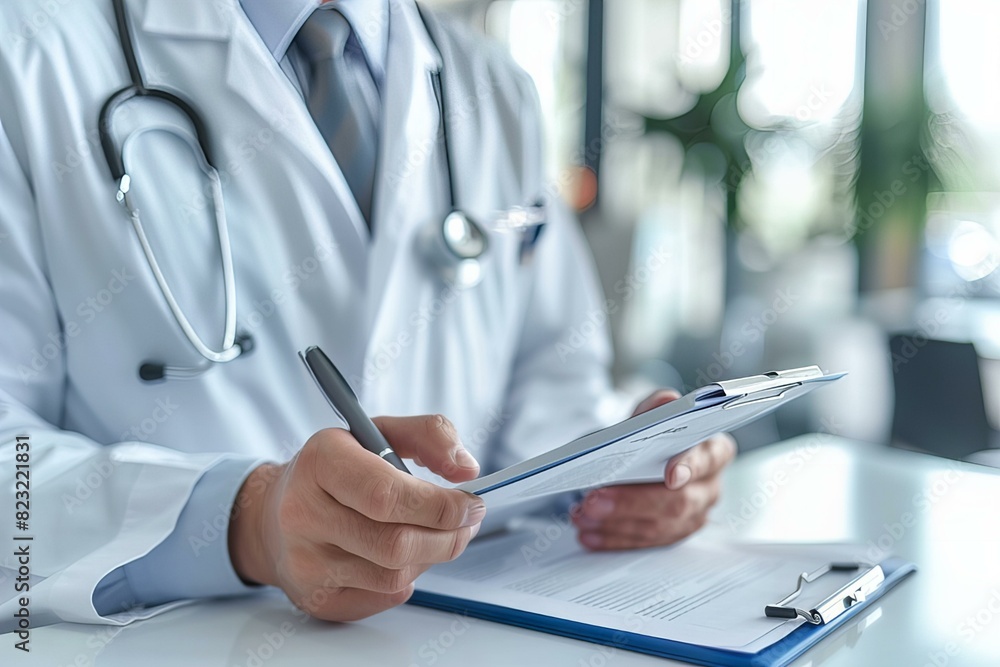 Male doctor writing on clipboard with pen and clipboard Male doctor writing on clipboard with pen and clipboard