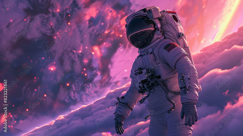 Heroic astronaut in a glowing purple suit, exploring a futuristic galaxy Heroic astronaut in a glowing purple suit, exploring a futuristic galaxy