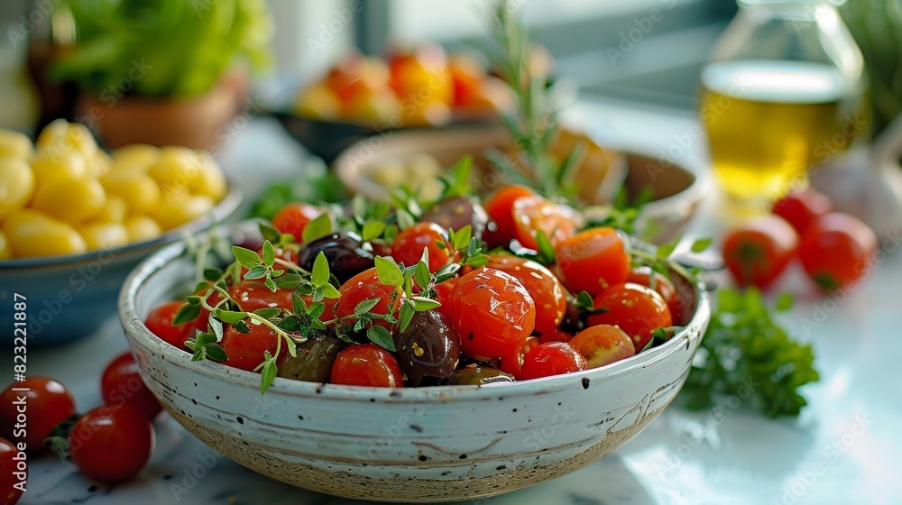 fresh mediterranean food on a marble table fresh mediterranean food on a marble table