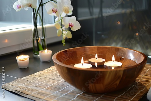 Candles lit wooden bowl table