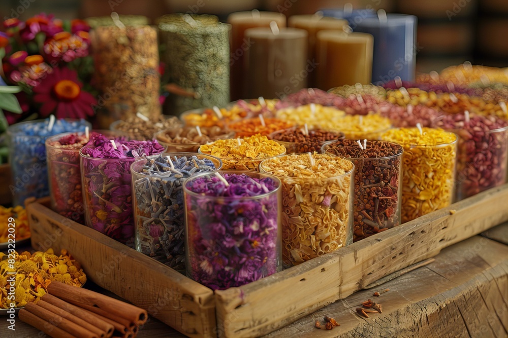 Various dried blooms in wooden container