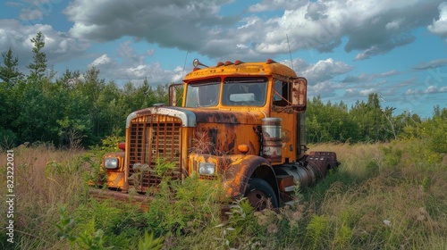 An old red truck is parked in a field of flowers