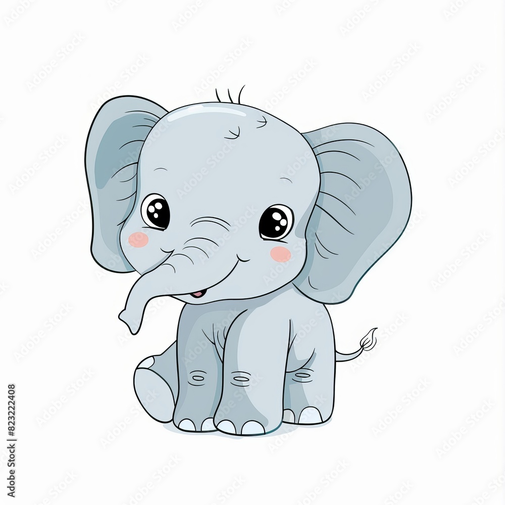Fototapeta premium Cute cartoon baby elephant with big eyes and a joyful expression, sitting on a white background. Perfect for children's content and design.