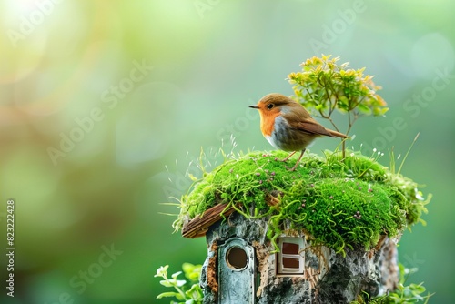 Small bird on mossy birdhouse photo