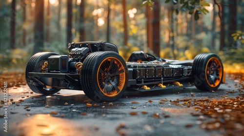 A car is shown in a 3D rendering, with its engine and wheels visible