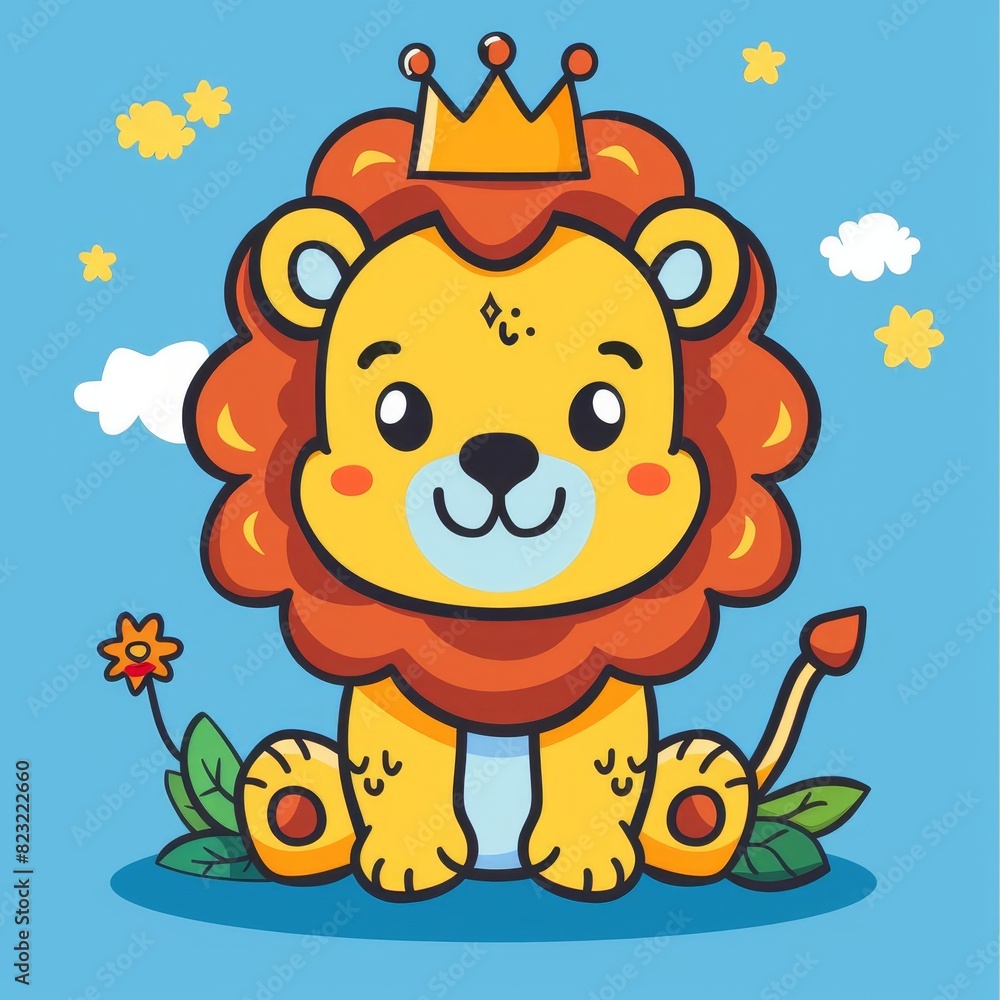 Cute cartoon illustration of a lion with a crown, flowers, and a blue background, perfect for kids' designs or animal-themed projects. Cute cartoon illustration of a lion with a crown, flowers, and a blue background, perfect for kids' designs or animal-themed projects.