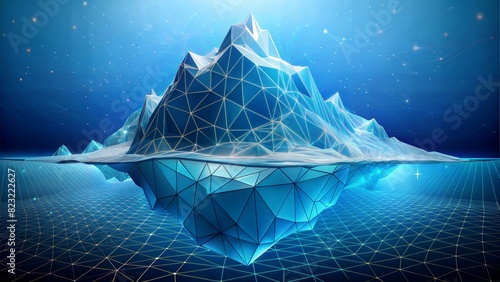 Digital Antarctic iceberg in the ocean in futuristic polygonal style on dark blue technology background. Abstract Metaphor of Big Data or hard work to success. Low poly wireframe vector illustration photo
