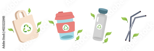 Set of eco friendly tableware items glass jar with cover, reusable coffee cup, metal drinking straws, cotton bag. Zero waste concept. Vector illustration in cartoon style
