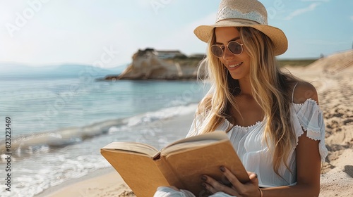beautiful young woman in straw hat and sunglasses reading book on beach