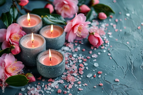 Table with lit candles and pink flowers