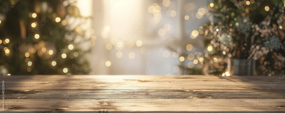 Empty wood table in christmas party with a blurred background, suitable for montage product display Empty wood table in christmas party with a blurred background, suitable for montage product display