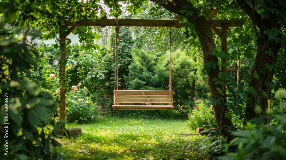 A wooden swing hangs invitingly in a lush green garden, offering a peaceful spot for relaxation and enjoyment of nature A wooden swing hangs invitingly in a lush green garden, offering a peaceful spot for relaxation and enjoyment of nature