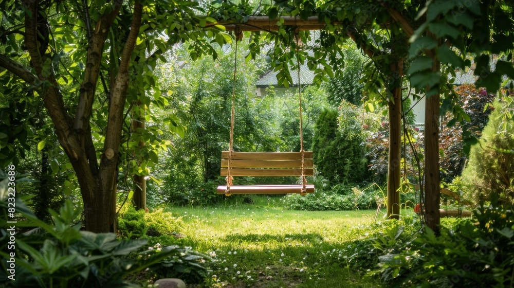 A wooden swing hangs invitingly in a lush green garden, offering a peaceful spot for relaxation and enjoyment of nature A wooden swing hangs invitingly in a lush green garden, offering a peaceful spot for relaxation and enjoyment of nature