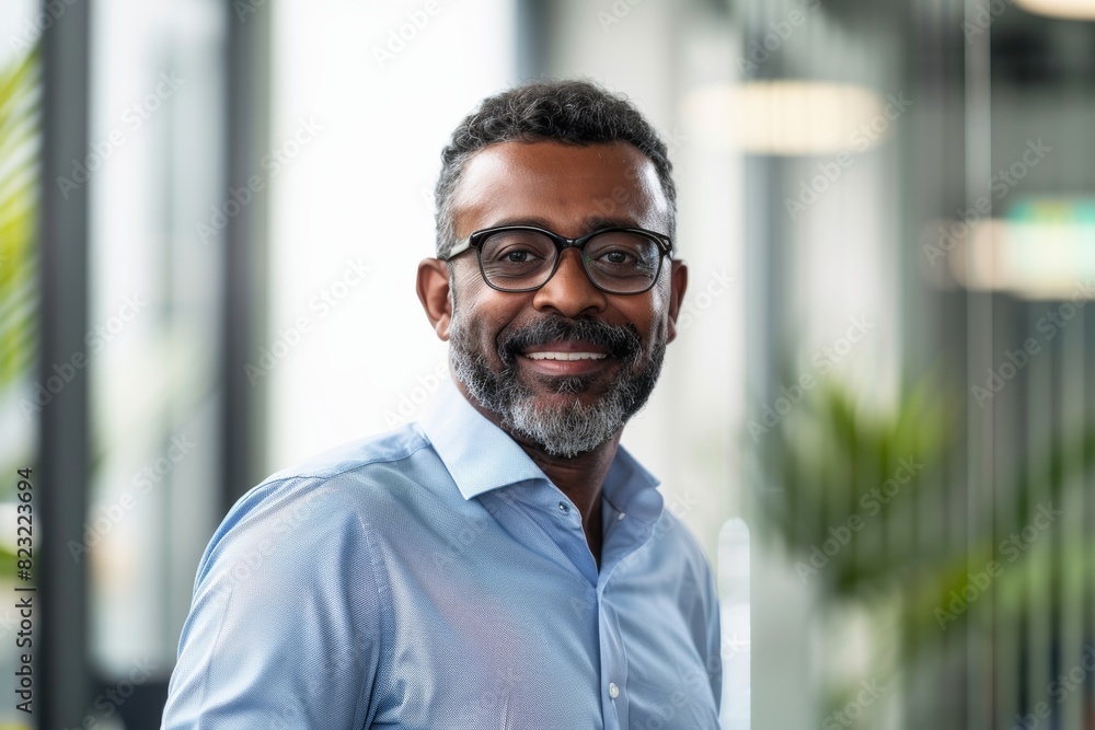 Confident businessman with glasses smiling in modern office setting Confident businessman with glasses smiling in modern office setting