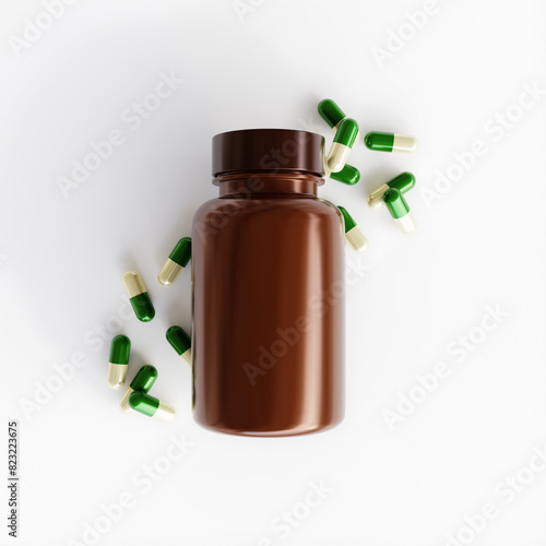Capsules pill and brown pill bottle isolated on white background. 3d-rendering