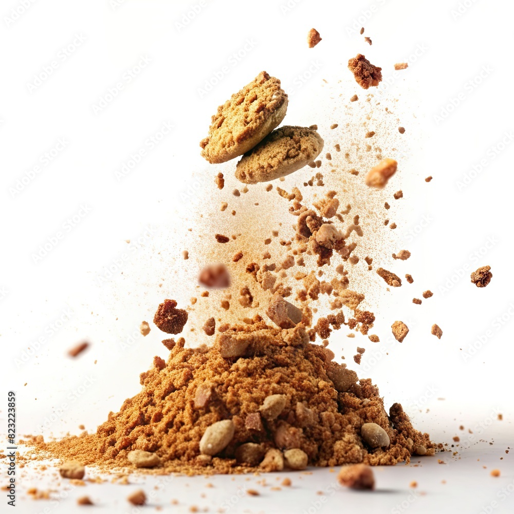pile cake crumbs cookie flying isolated on white