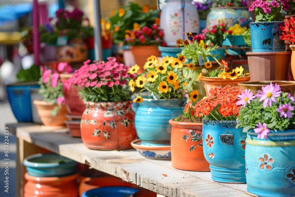 Vibrant market scene with a stall of handmade ceramic flower pots, ideal for a craft room or creative space, inspiring creativity and the beauty of handcrafted items Vibrant market scene with a stall of handmade ceramic flower pots, ideal for a craft room or creative space, inspiring creativity and the beauty of handcrafted items