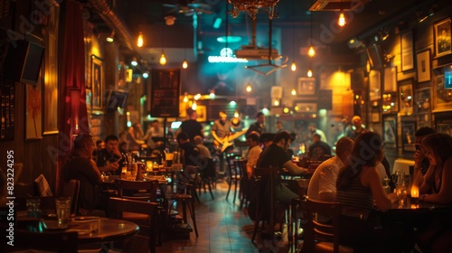 A crowded bar with people sitting at tables and a stage with a band playing