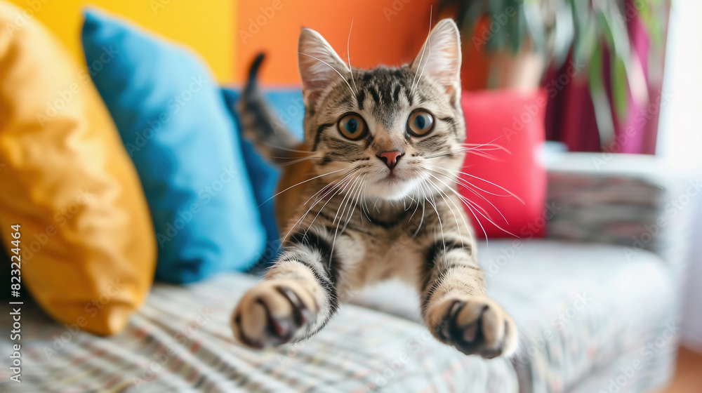 A cat leaping playfully in a bright, colorful room A cat leaping playfully in a bright, colorful room