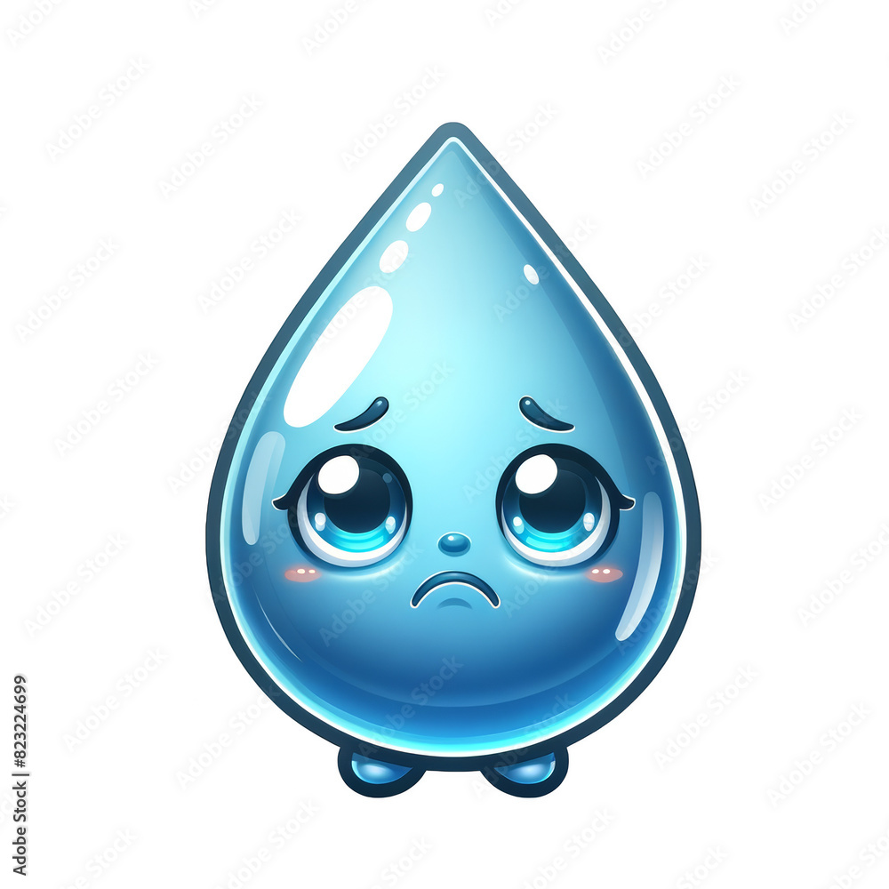 Kawaii water drop cartoon mascot showing sad emotion.  Blue water drop character isolated on transparent background. PNG. Concept of water security, pollution, sustainability, environmental crisis.