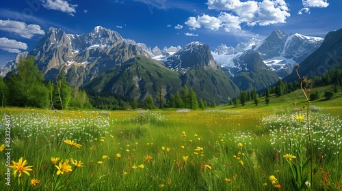 A serene mountain meadow blooms in spring, encircled by snow-capped peaks touching the clear blue sky.