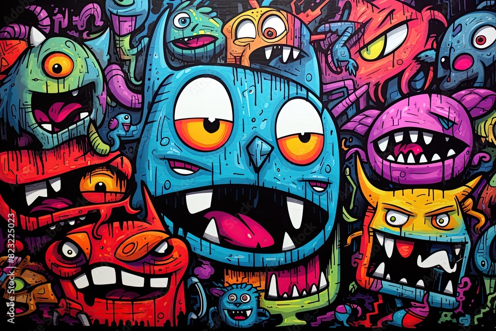 Monsters doodle drawing in pop art style. Cartoon set of funny comic creatures. Poster design. Ai generative Monsters doodle drawing in pop art style. Cartoon set of funny comic creatures. Poster design. Ai generative