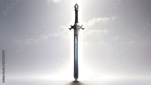 Silhouette of a silver sword with a crucifix symbol against a background