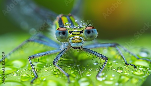 Close-up of a vibrant dragonfly on a leaf covered with dew drops, showcasing detailed insect anatomy and color in a natural setting. © Pukkaraphong