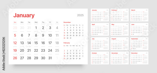 Monthly calendar template for 2025 year. Wall calendar in a minimalist style. Week Starts on Sunday. 