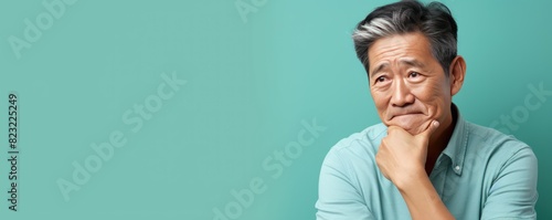 Mint background sad Asian man. Portrait of older mid-aged person beautiful bad mood expression boy Isolated on Background depression anxiety fear burn out health issue  photo