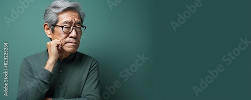 Mint background sad Asian man. Portrait of older mid-aged person beautiful bad mood expression boy Isolated on Background depression anxiety fear burn out health issue 
