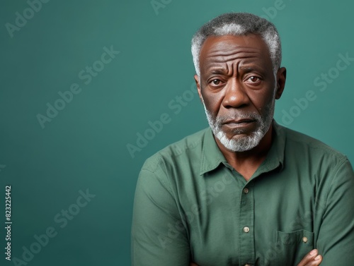 Mint background sad black american independent powerful man. Portrait of older mid-aged person beautiful bad mood expression isolated on background racism skin © Zickert