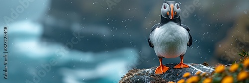 Atop rugged cliffs of the Faroe Islands a pair of puffins gathers for their annual nesting season photo