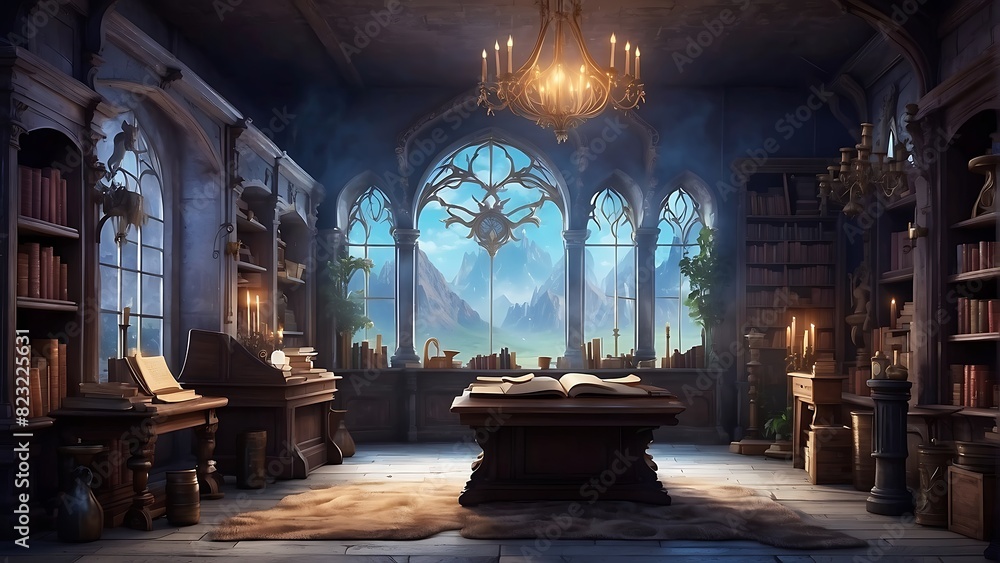 Fototapeta premium Inside the room of the sorcerers A user of magical magic who stores spells and wands in a fantasy world.