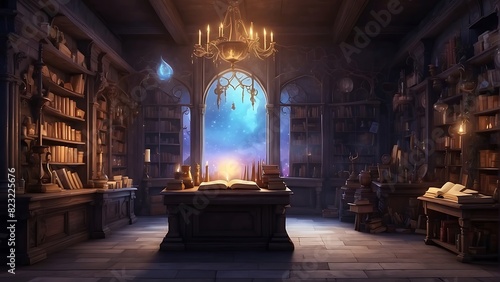 Inside the room of the sorcerers A user of magical magic who stores spells and wands in a fantasy world.