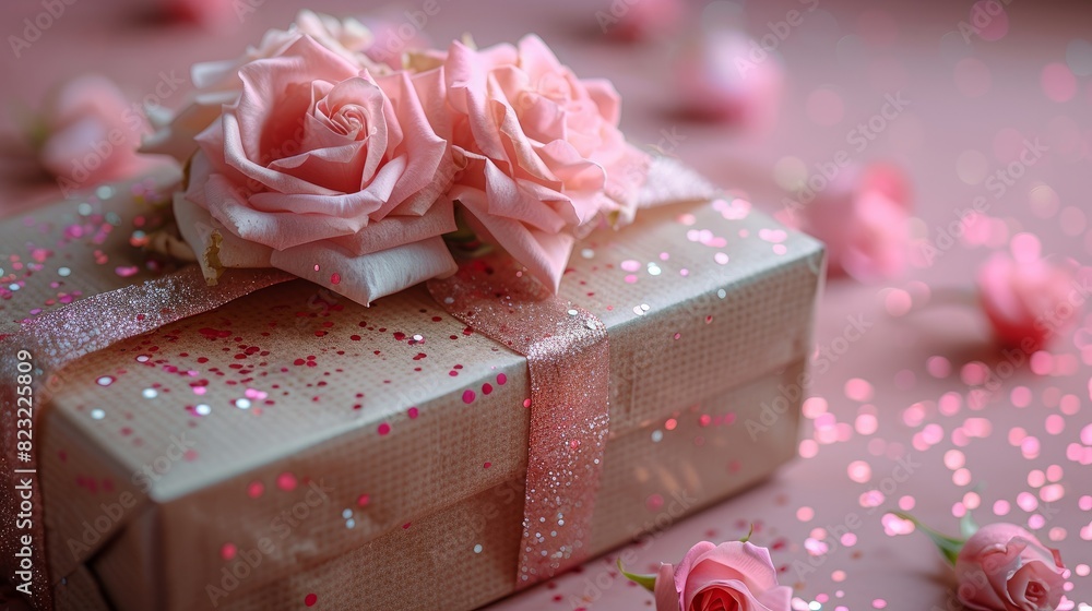 Open gift box, confetti and roses on pink background, flat lay. Open gift box, confetti and roses on pink background, flat lay.