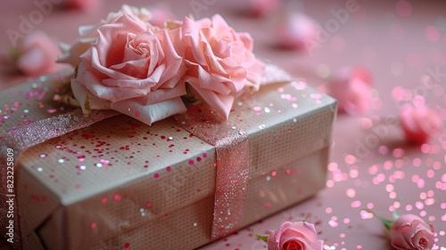 Open gift box, confetti and roses on pink background, flat lay.