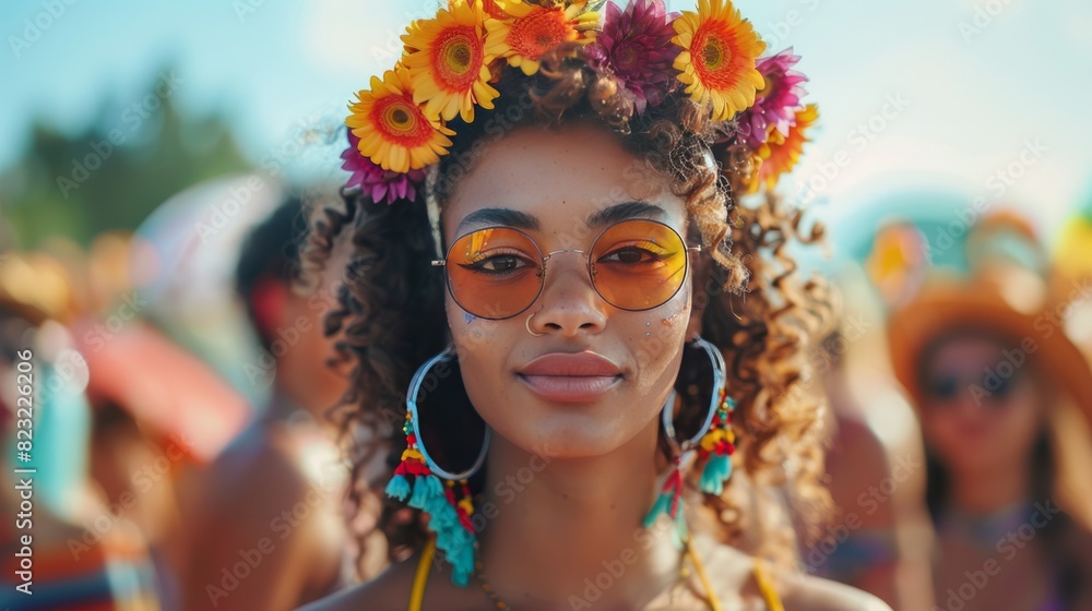 A woman wearing a flower crown and sunglasses enjoys a summer festival, surrounded by a vibrant and festive atmosphere.
A woman wearing a flower crown and sunglasses enjoys a summer festival, surrounded by a vibrant and festive atmosphere.