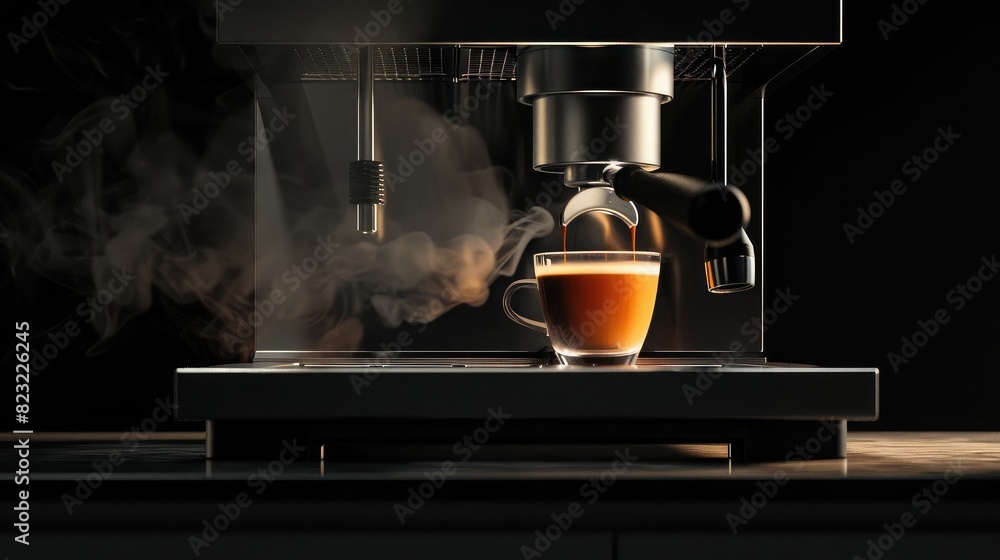 An espresso machine brewing a fresh shot of espresso, with steam rising from the cup