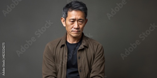 Olive background sad Asian man. Portrait of older mid-aged person beautiful bad mood expression boy Isolated on Background depression anxiety fear 
